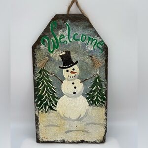 Vintage Hand Painted Slate Snowman Welcome Sign Wall Hanging Winter Holiday
